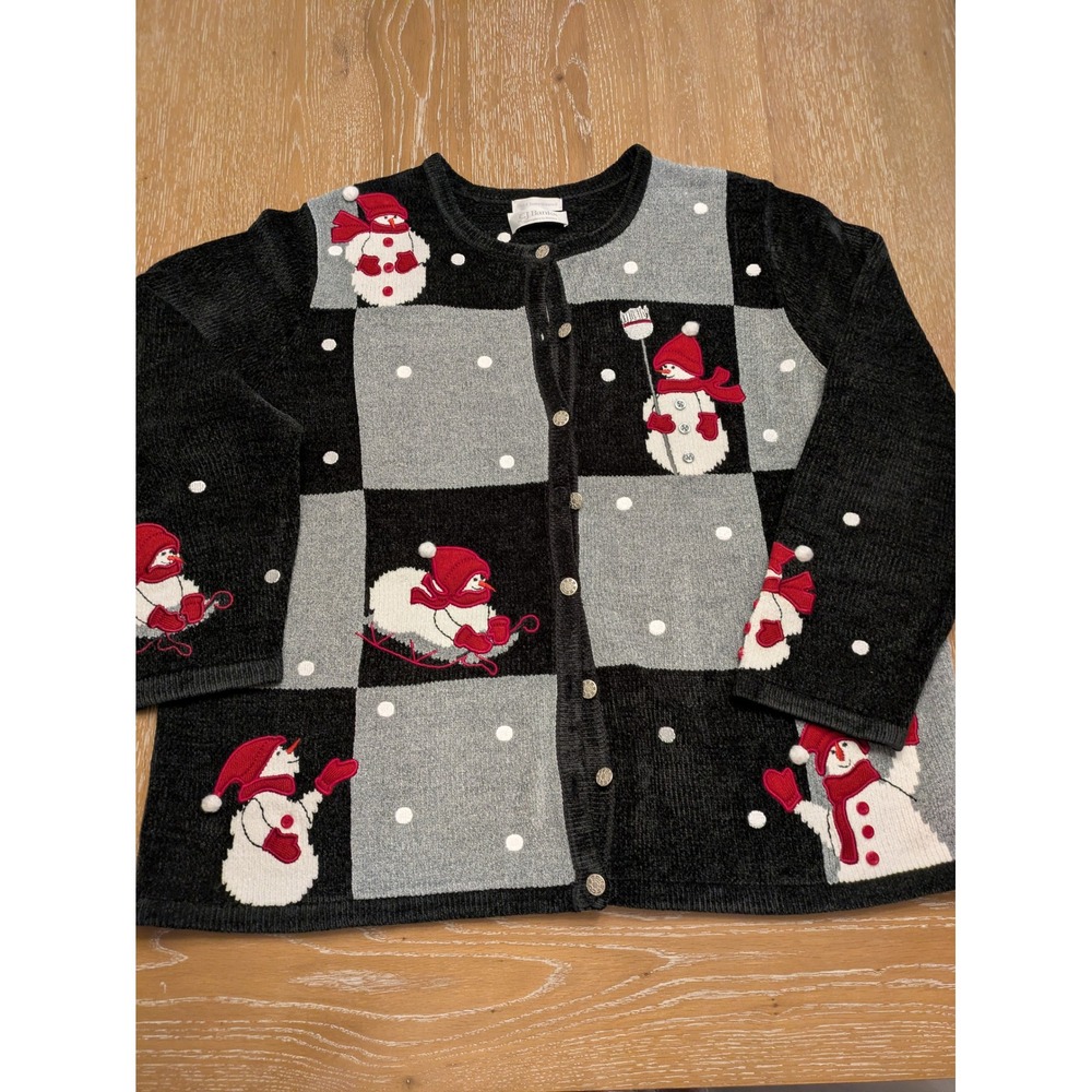 Vintage Christopher & Banks Snowman Cardigan Sweater Gray Black Red Winter XL